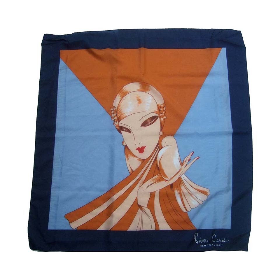 Pierre Cardin Art Deco Inspired Stylized Woman Silk Scarf c 1970s
