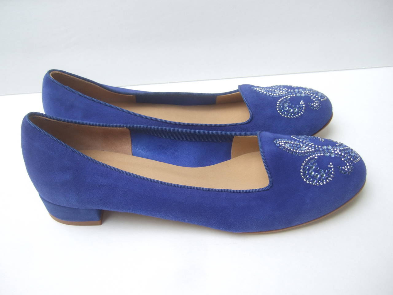 Crystal Jeweled Fleur di Lis Peacock Blue Suede Flats Made in Italy US ...