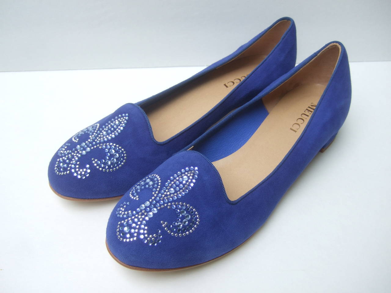 Crystal Jeweled Fleur di Lis Peacock Blue Suede Flats Made in Italy US ...