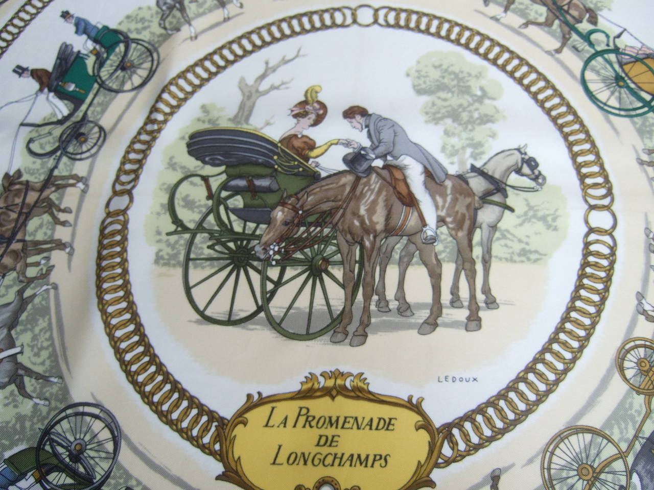 Hermes Paris La Promenade De Longchamps Silk Scarf in Hermes Box c 1990s In Good Condition In University City, MO