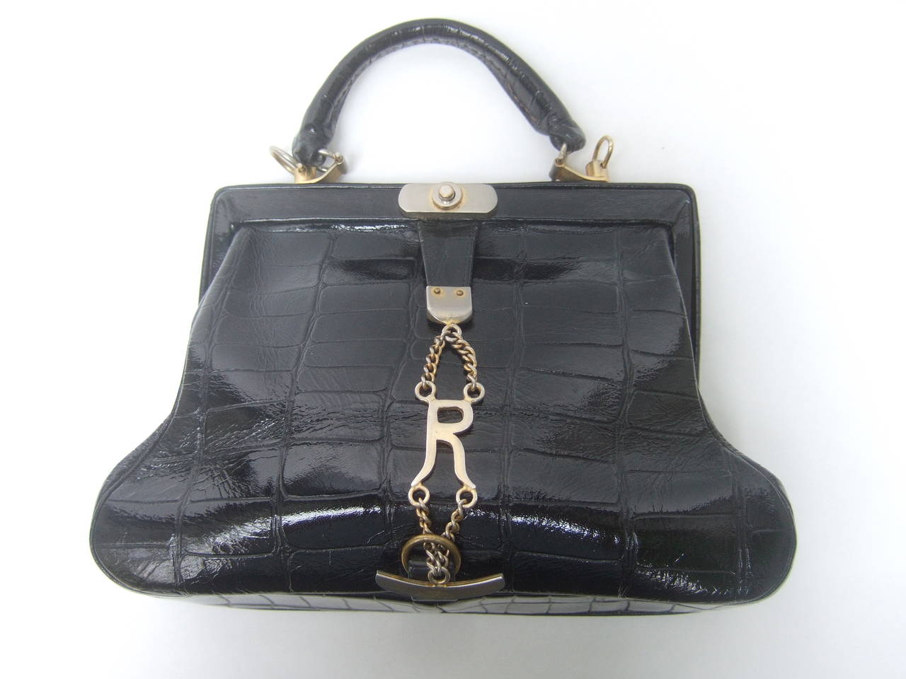Roberta di Camerino Sleek Embossed Black Leather Handbag Made in Italy c 1960 5