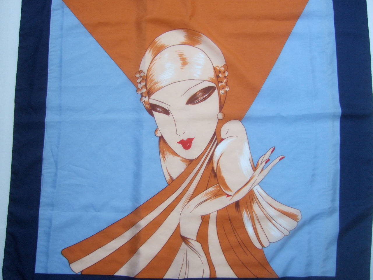 Pierre Cardin Art Deco Inspired Stylized Woman Silk Scarf c 1970s In Good Condition In University City, MO