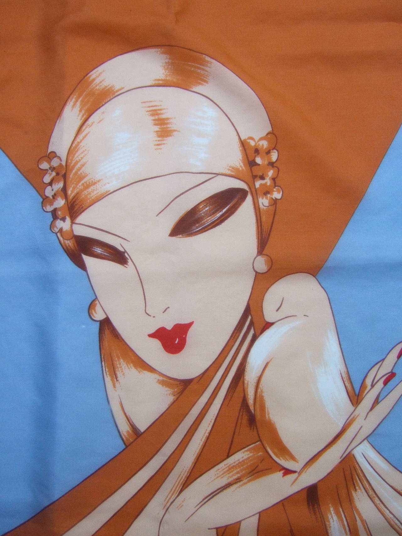 Women's Pierre Cardin Art Deco Inspired Stylized Woman Silk Scarf c 1970s