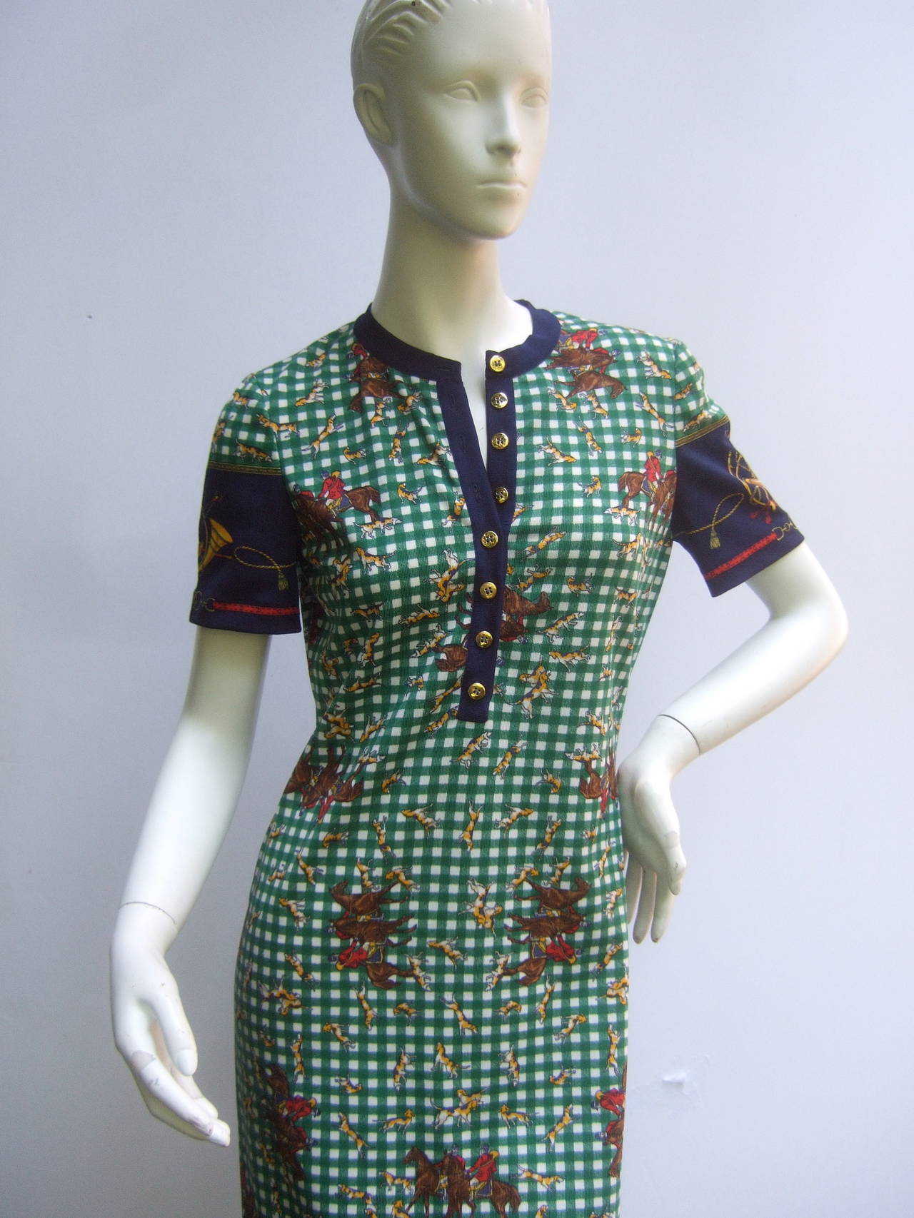 1970s Italian Equestrian Hunt Scene Knit Dress 1