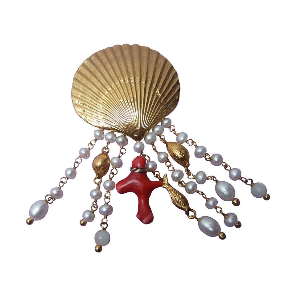 Goossens Paris Scallop Shell Sea Life Brooch c 1990 For Sale