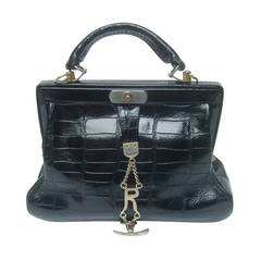 Roberta di Camerino Sleek Embossed Black Leather Handbag Made in Italy c 1960
