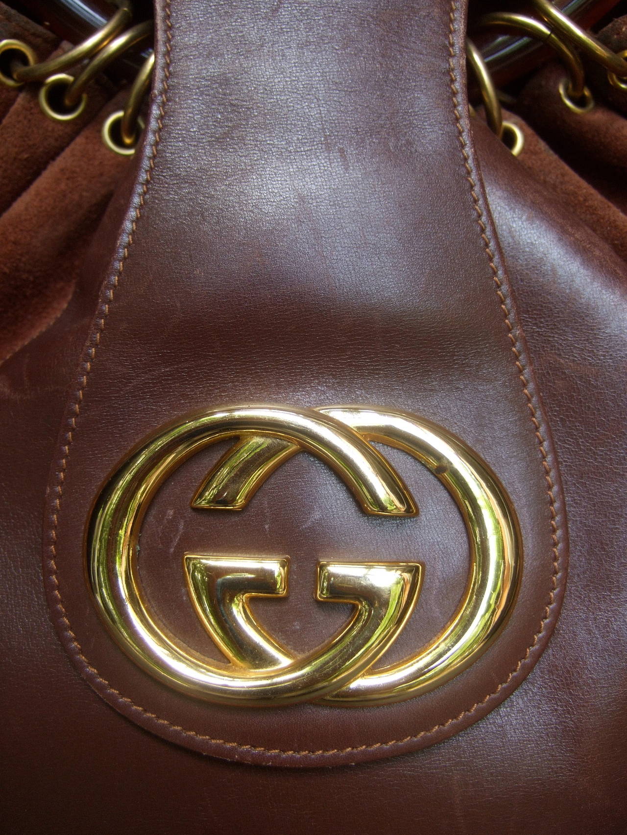 Gucci Italy Rare Brown Leather & Suede Handbag c 1970 In Good Condition In University City, MO