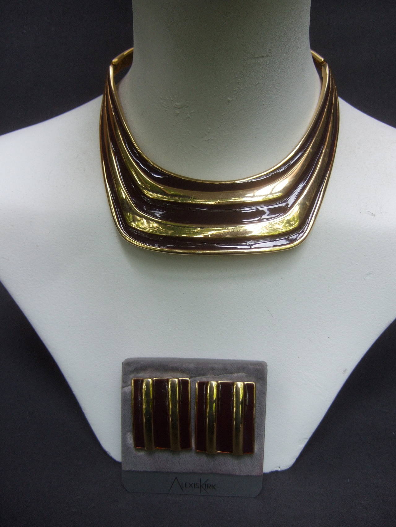 Modern Alexis Kirk Sleek Brown & Gilt Enamel Choker Necklace Set c 1980 For Sale