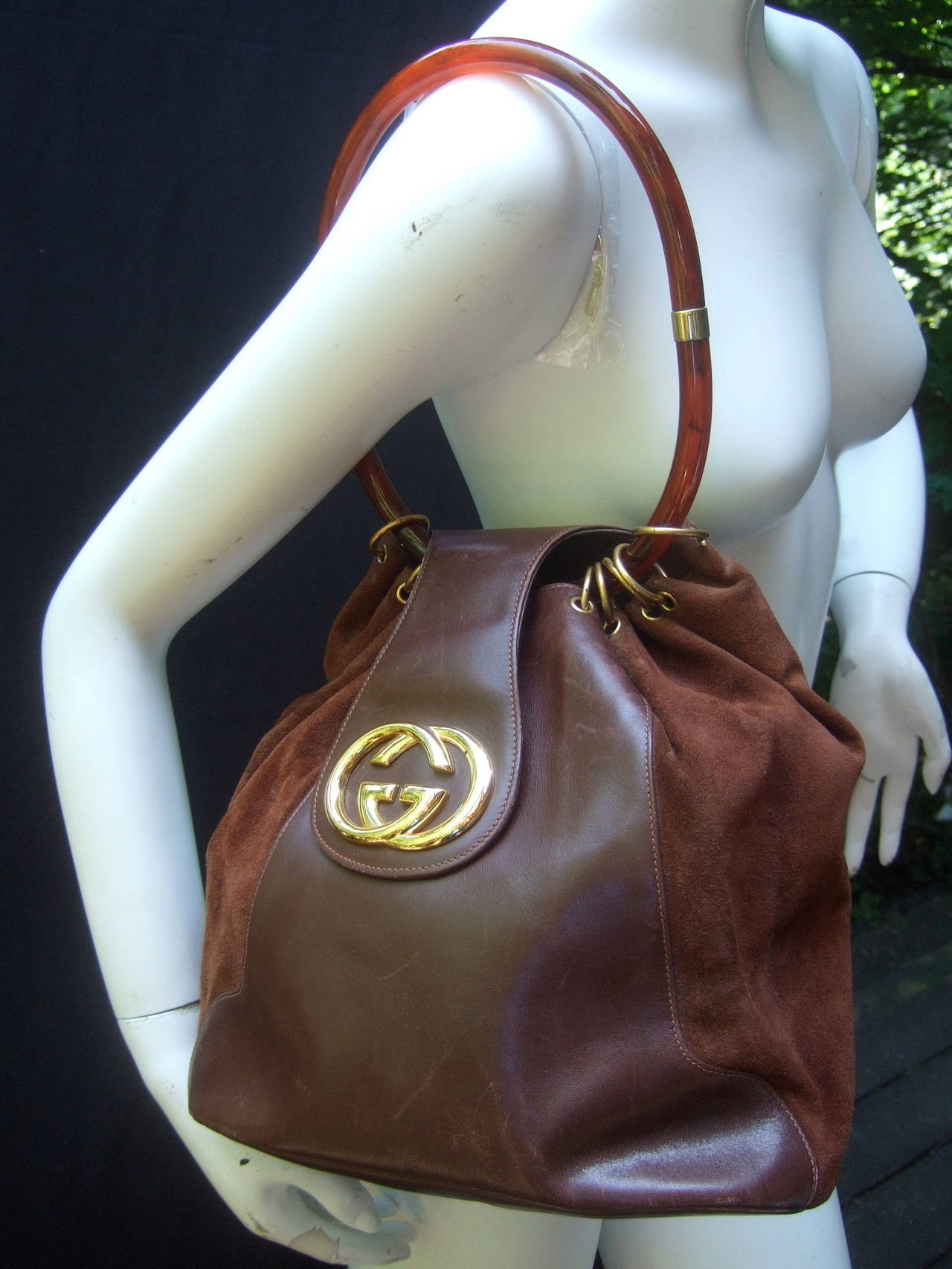 Gucci Italy Rare Brown Leather & Suede Handbag c 1970 3