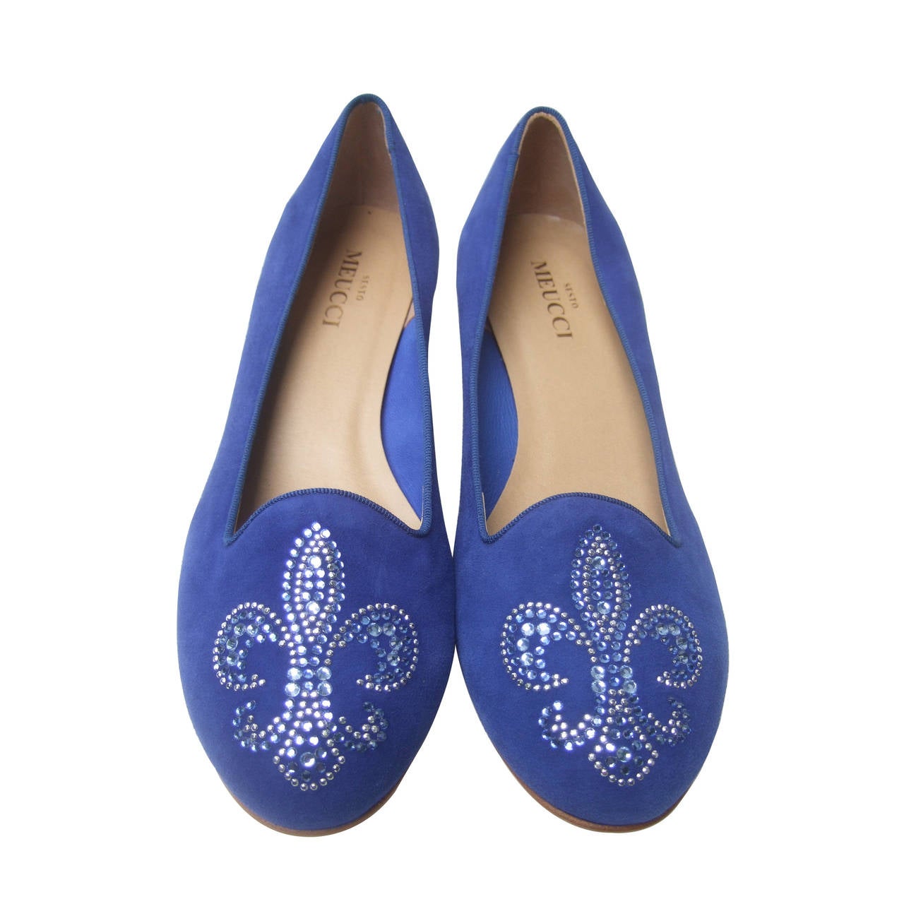 Crystal Jeweled Fleur di Lis Peacock Blue Suede Flats Made in Italy US Size 10 M For Sale