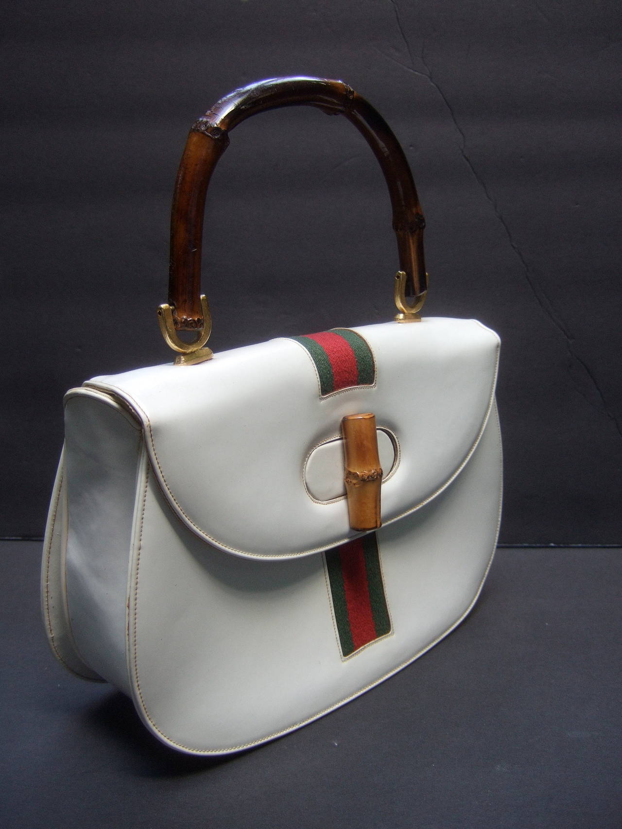 Gray Saks Fifth Avenue White Patent Leather Bamboo Handle Handbag c 1970