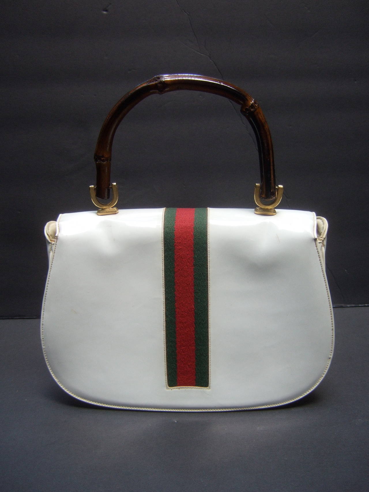 Saks Fifth Avenue White Patent Leather Bamboo Handle Handbag c 1970 at 1stdibs