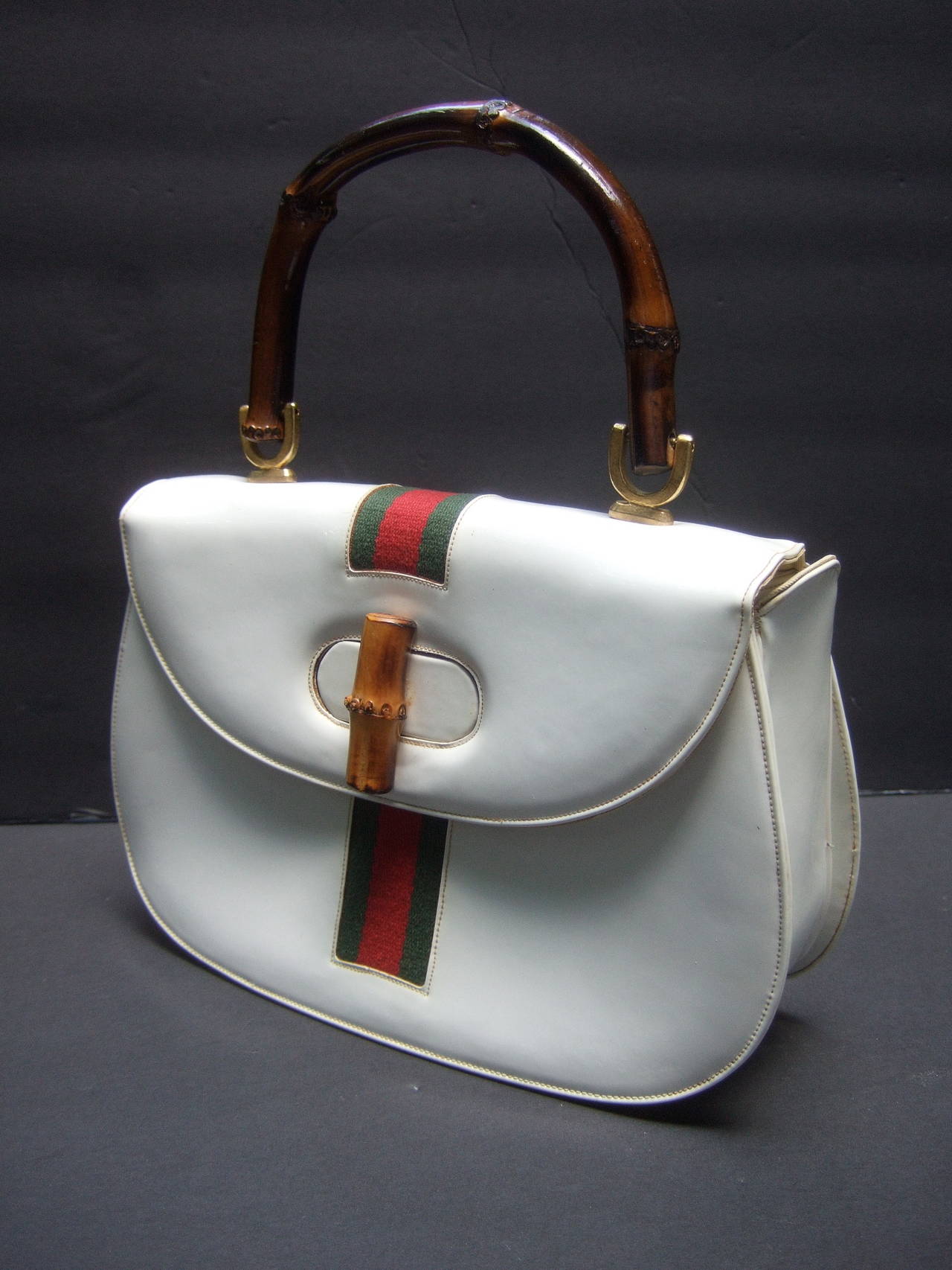Saks Fifth Avenue White Patent Leather Bamboo Handle Handbag c 1970 In Good Condition In University City, MO