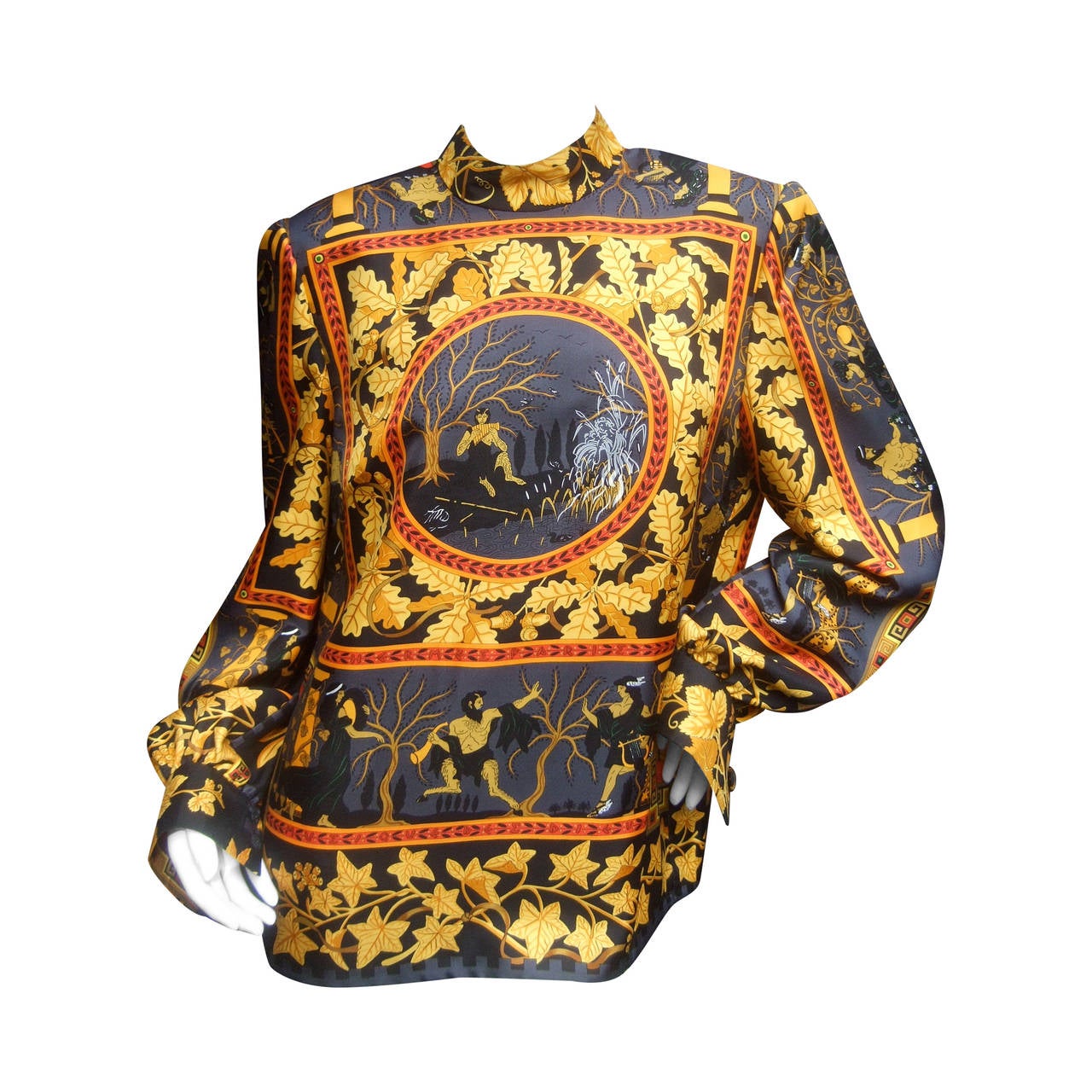 Stunning Hermes Mythical Gods of Greece Silk Blouse c 1980s