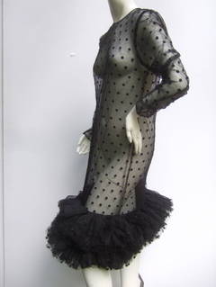 1980s Black Sheer Tulle Trim Polka Dot Dress