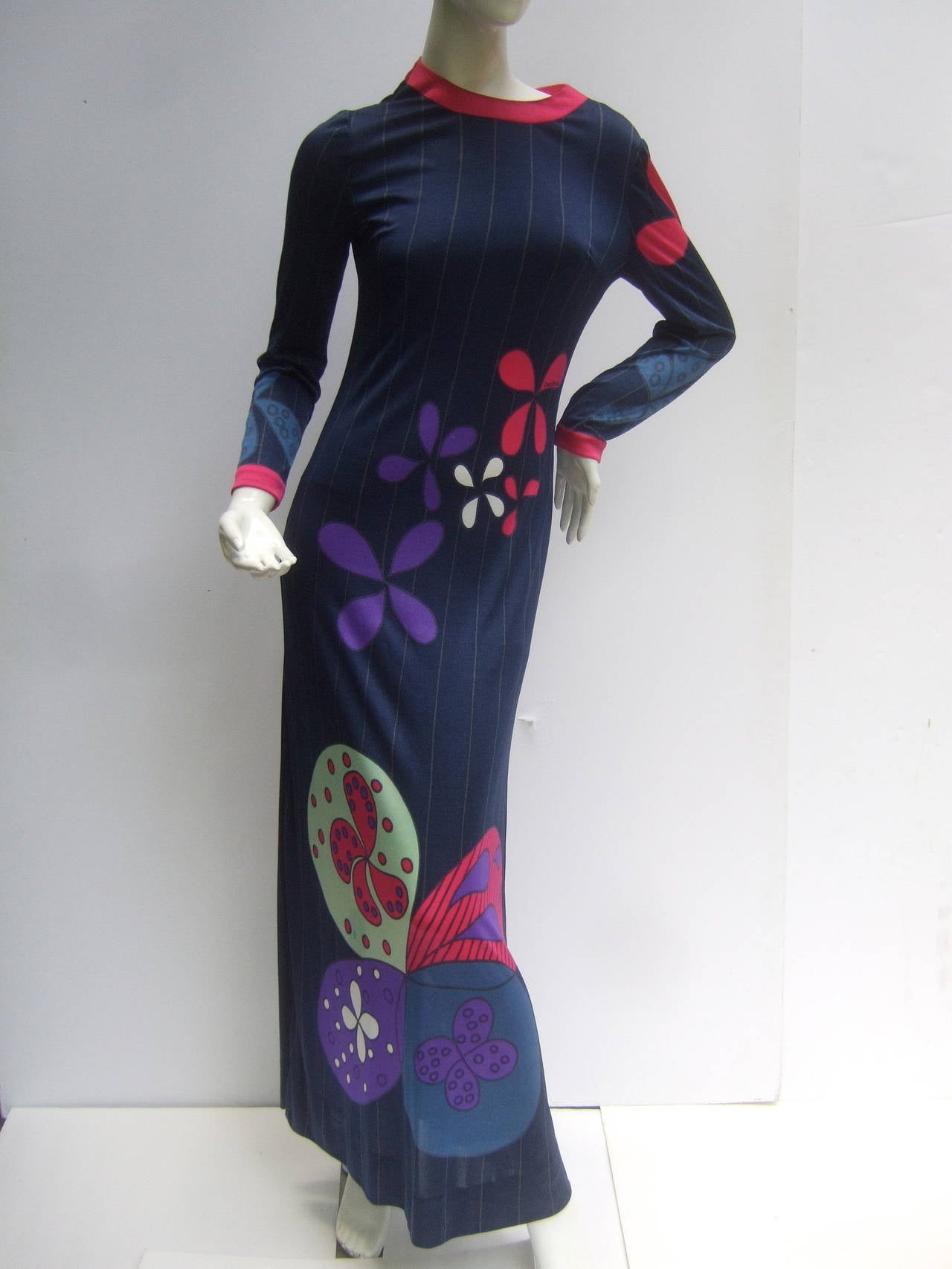 Women's Louis Feraud Paris Fabulous Mod Jersey Knit Print Maxi Gown c 1960s