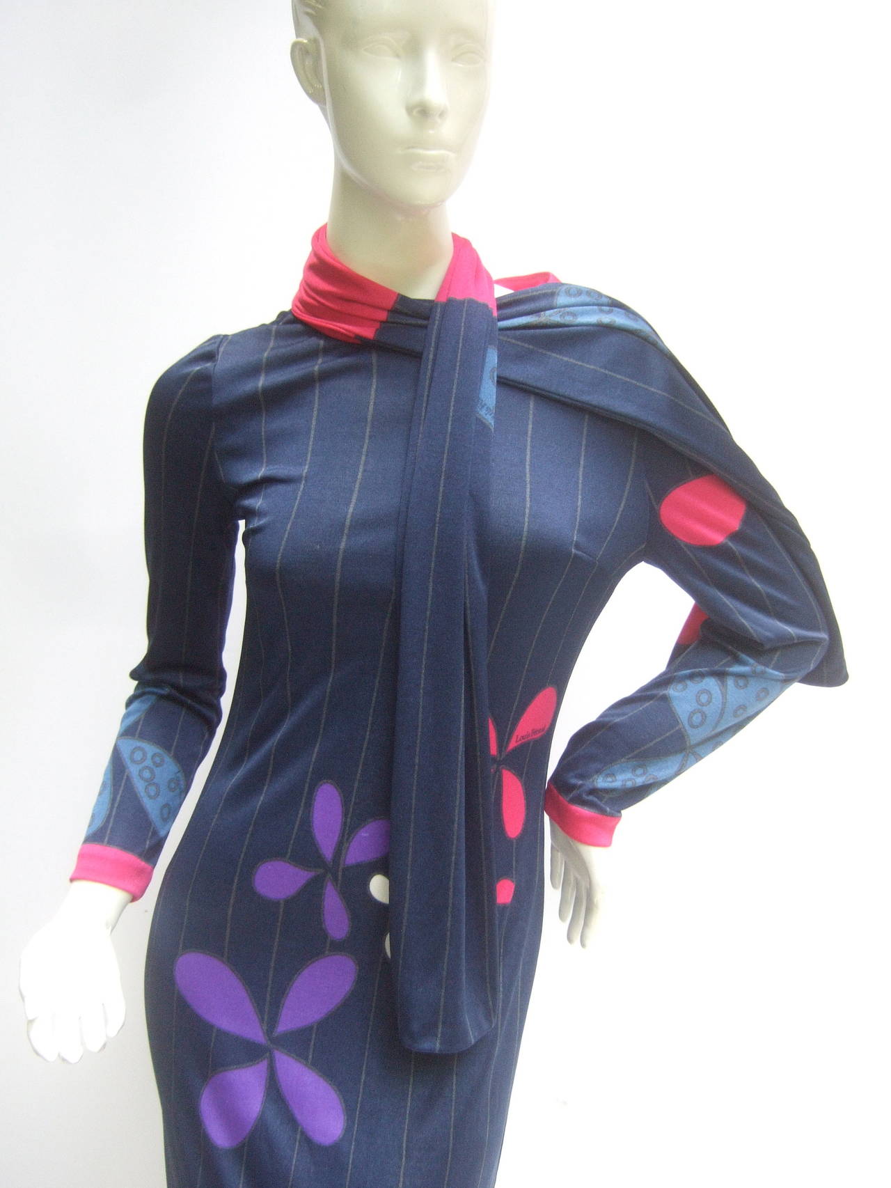 Louis Feraud Paris Fabulous Mod Jersey Knit Print Maxi Gown c 1960s In Good Condition In University City, MO