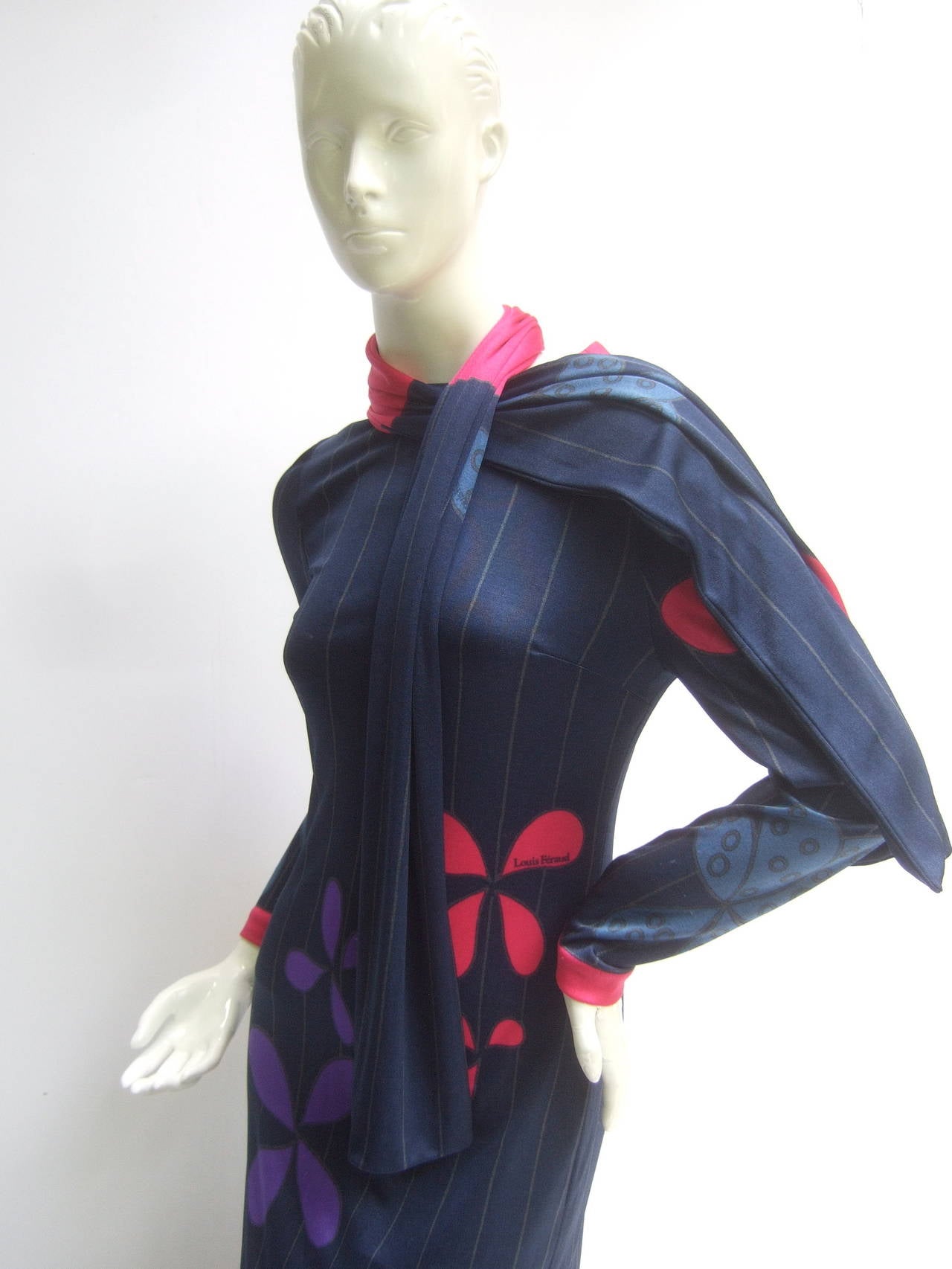 Black Louis Feraud Paris Fabulous Mod Jersey Knit Print Maxi Gown c 1960s