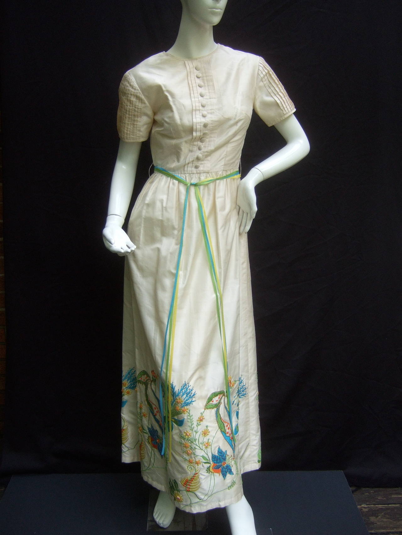 Gray Exotic Oyster Silk Embroidered Gown from India for Bonwit Teller c 1970 For Sale