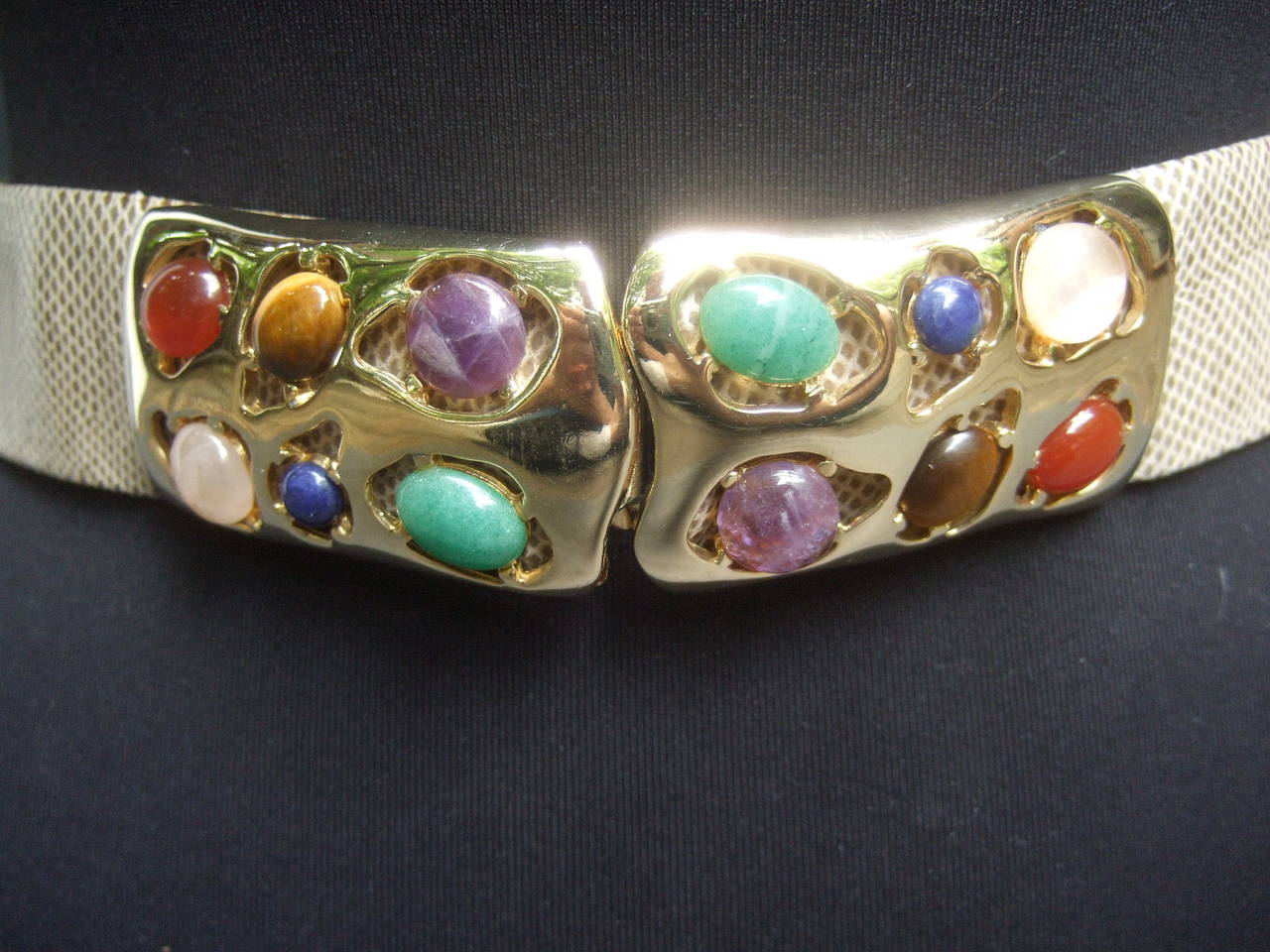 Judith Leiber Glass Cabochon Stone Beige Leather Belt c 1980s