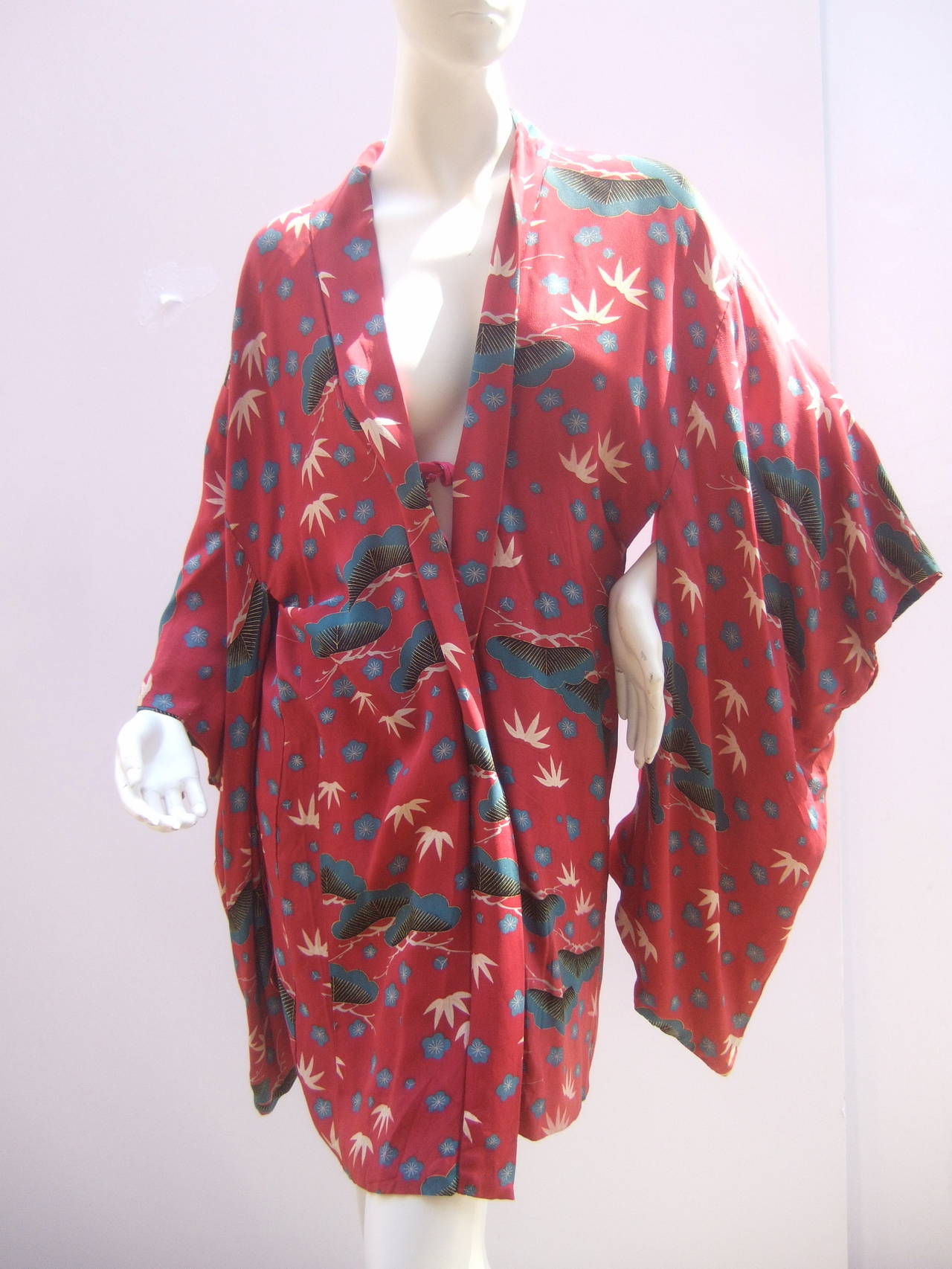 Exotic Japanese Floral Butterfly Crepe Kimono c 1950 2