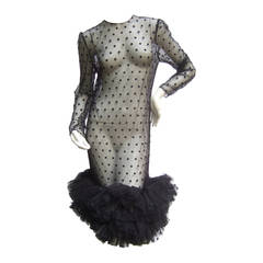 1980s Black Sheer Tulle Trim Polka Dot Dress