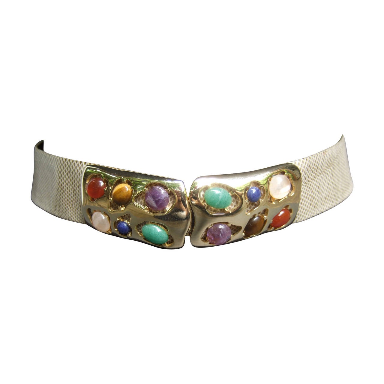 Judith Leiber Glass Cabochon Stone Beige Leather Belt c 1980s