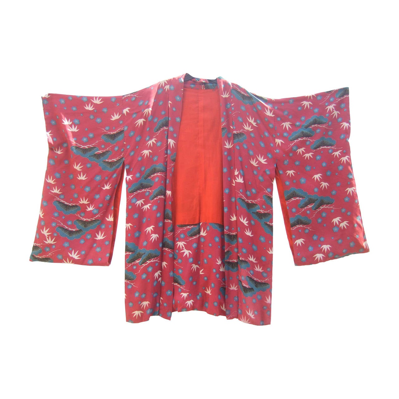 Exotic Japanese Floral Butterfly Crepe Kimono c 1950