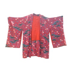 Retro Exotic Japanese Floral Butterfly Crepe Kimono c 1950