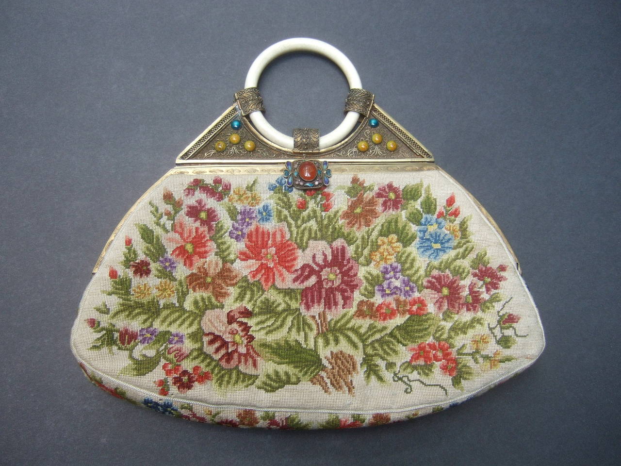 Brown Exquisite Petit Point Jeweled Floral Evening Bag.  1920s