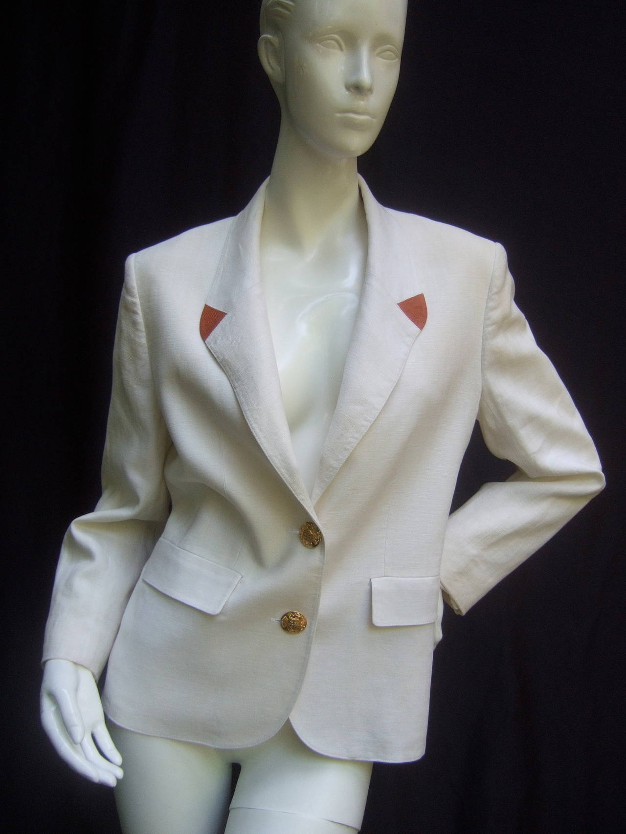 Gray Hermes Paris Crisp White Linen Jacket Made in France c 1980s