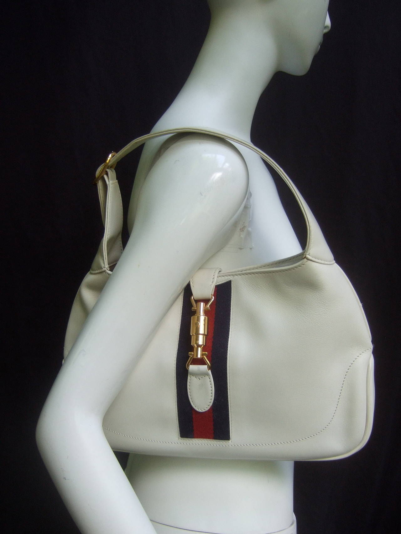 Women's Gucci Italy Rare Bone Leather Webbed Piston Handbag c 1970