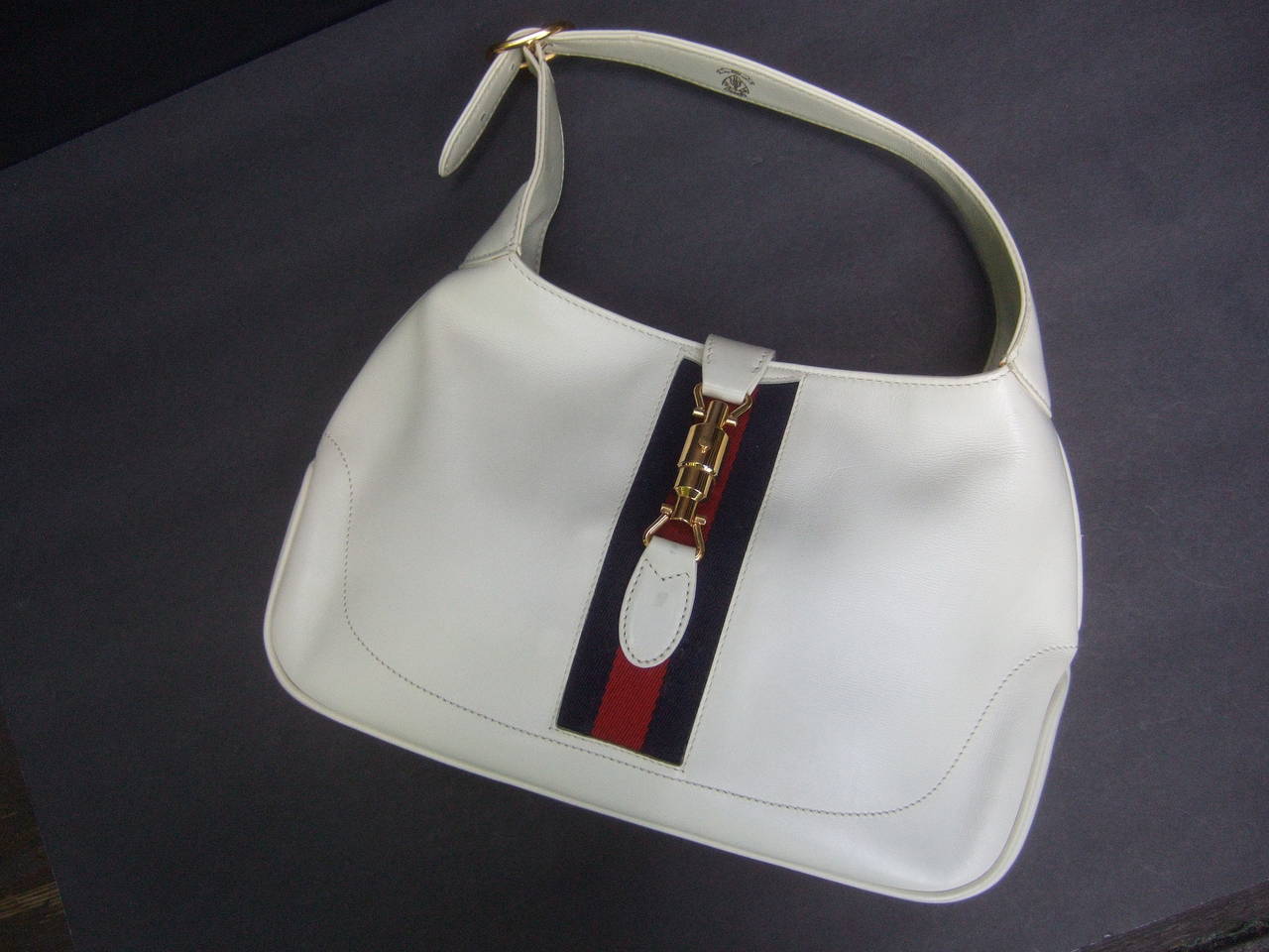 Gucci Italy Rare Bone Leather Webbed Piston Handbag c 1970 1