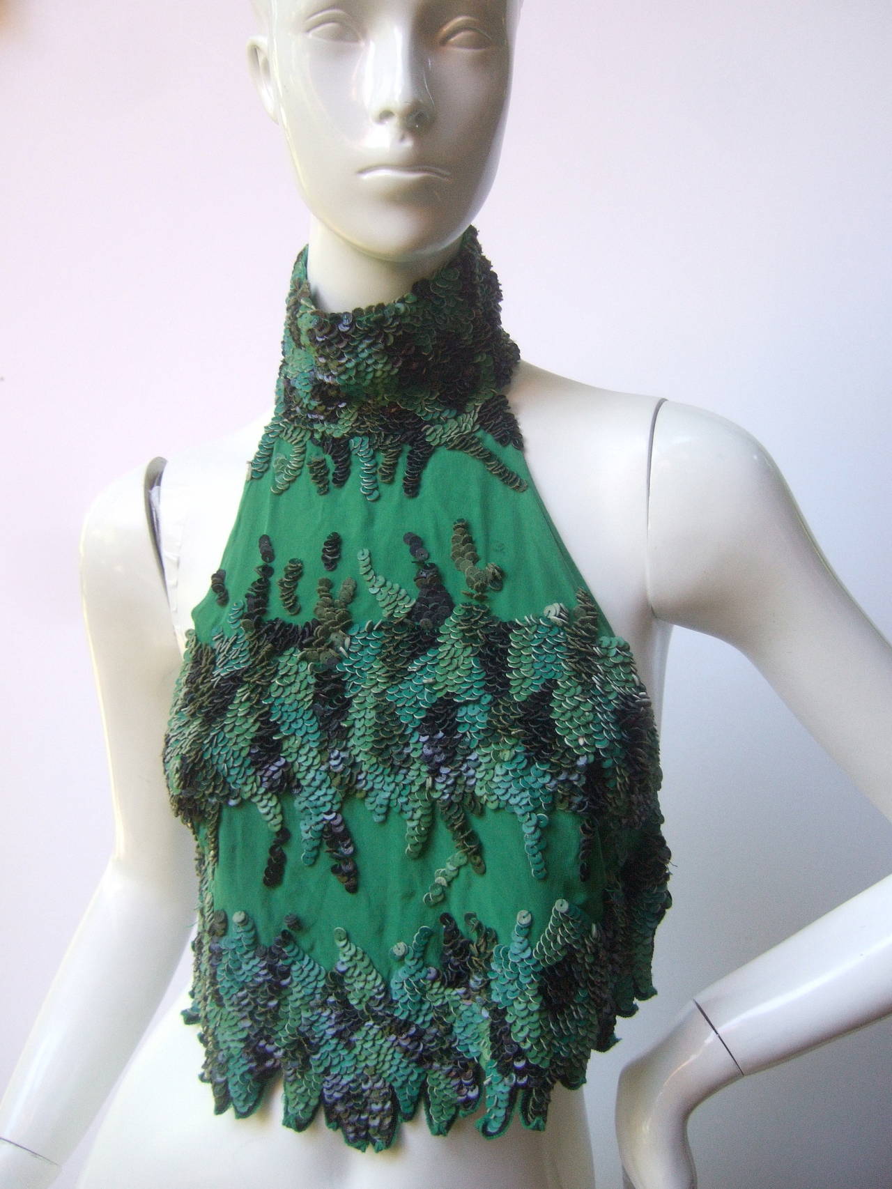 Julian MacDonald Spectacular Silk Leather Pailette Halter Top Made in Italy In Good Condition In University City, MO