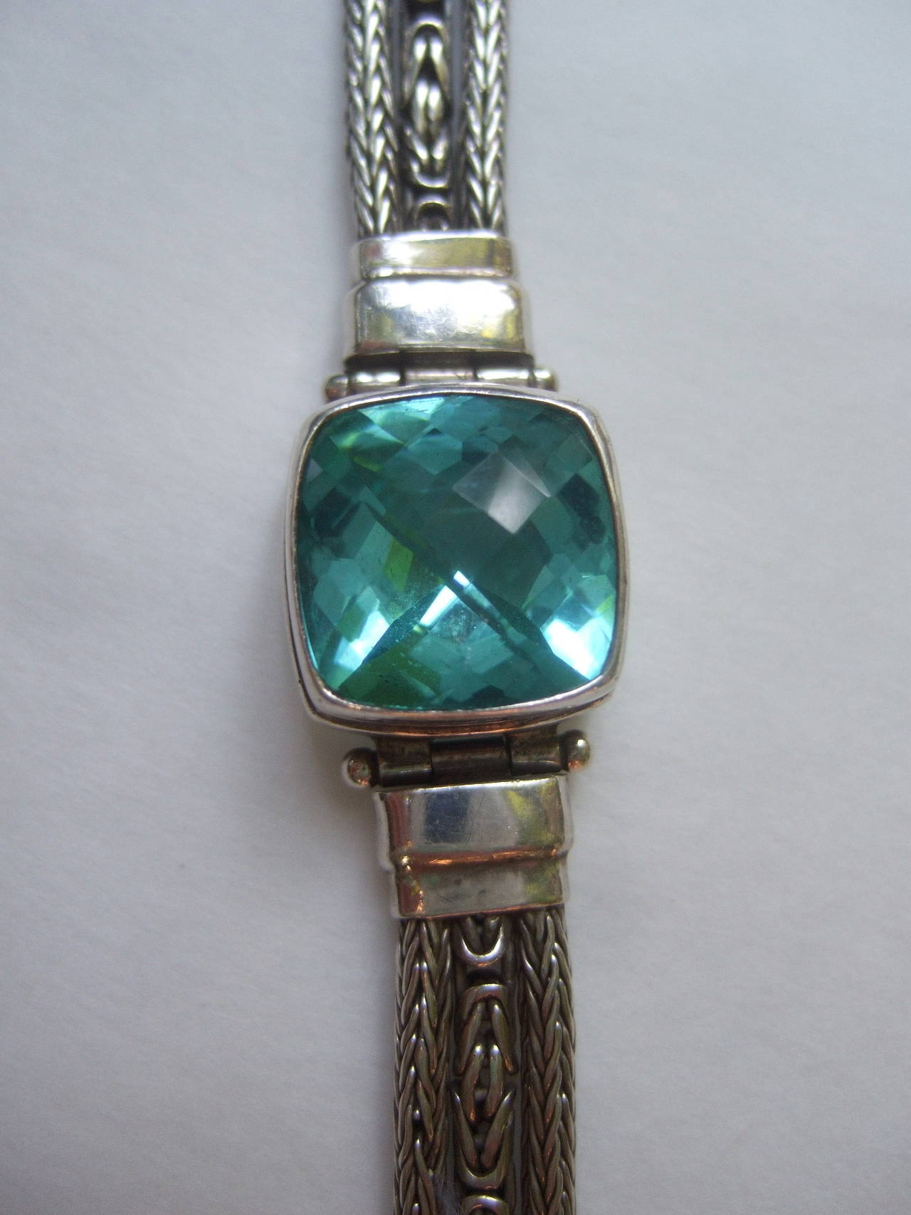Women's Elegant Sterling Silver Aquamarine Color Crystal Artisan Bracelet