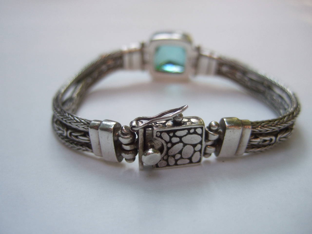 Elegant Sterling Silver Aquamarine Color Crystal Artisan Bracelet 6