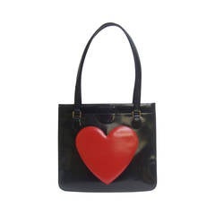 Moschino Italy Mod Heart Black Waxed Leather Handbag