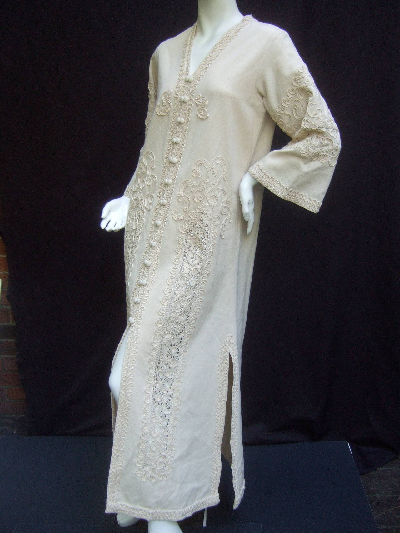 Exotic Ivory Applique Linen Kaftan c 1970
