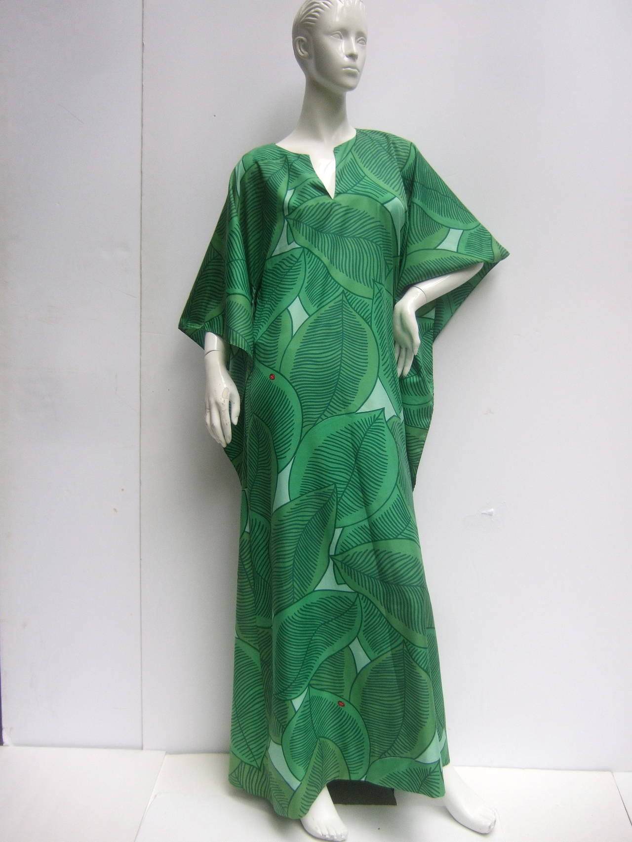 Lush Green Tropical Print Caftan Gown c 1970 1