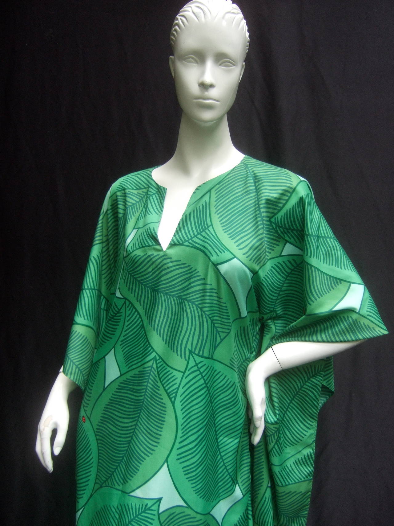 Blue Lush Green Tropical Print Caftan Gown c 1970