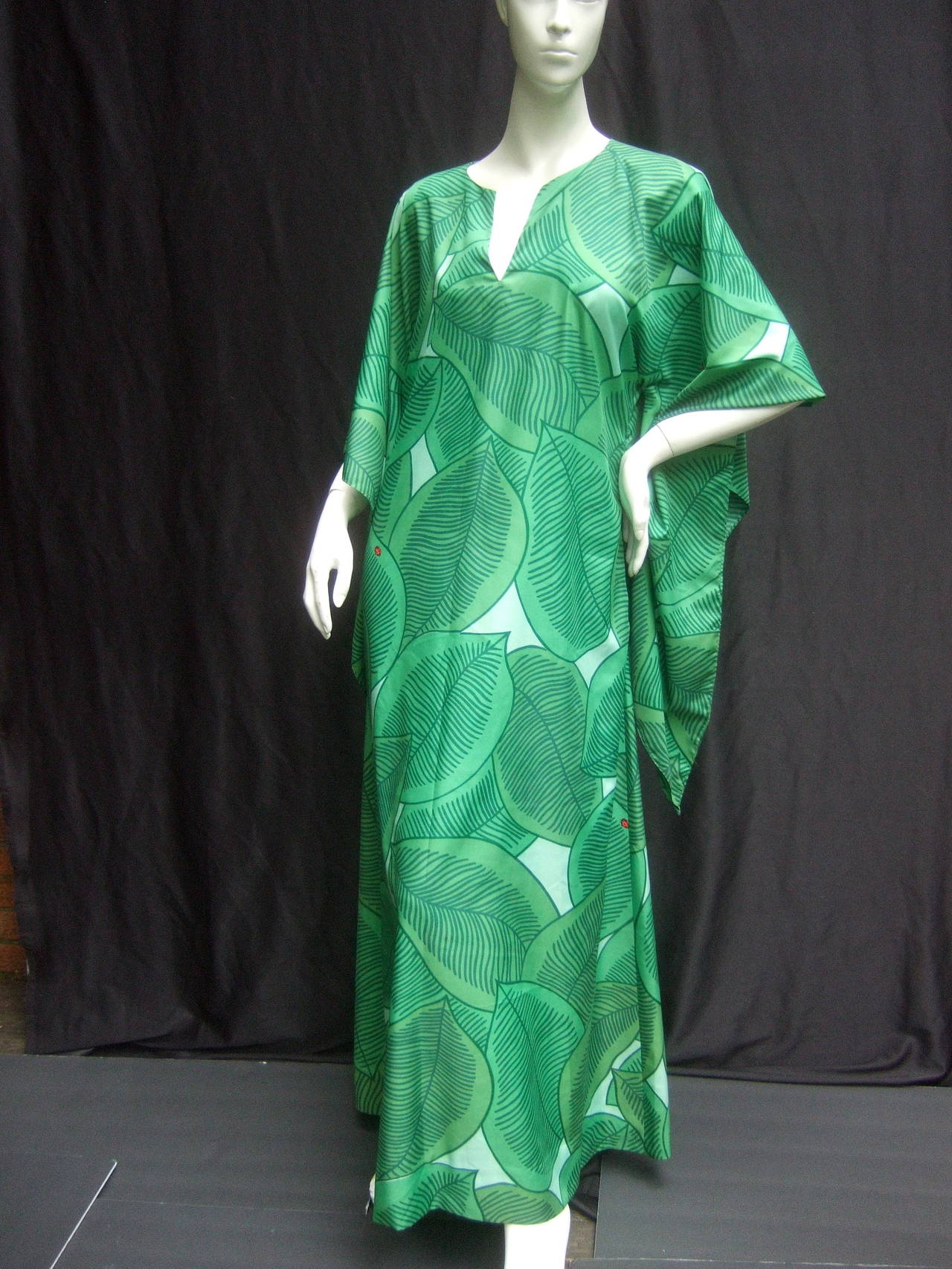 Lush Green Tropical Print Caftan Gown c 1970 3