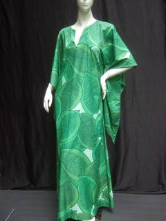 Lush Green Tropical Print Caftan Gown c 1970