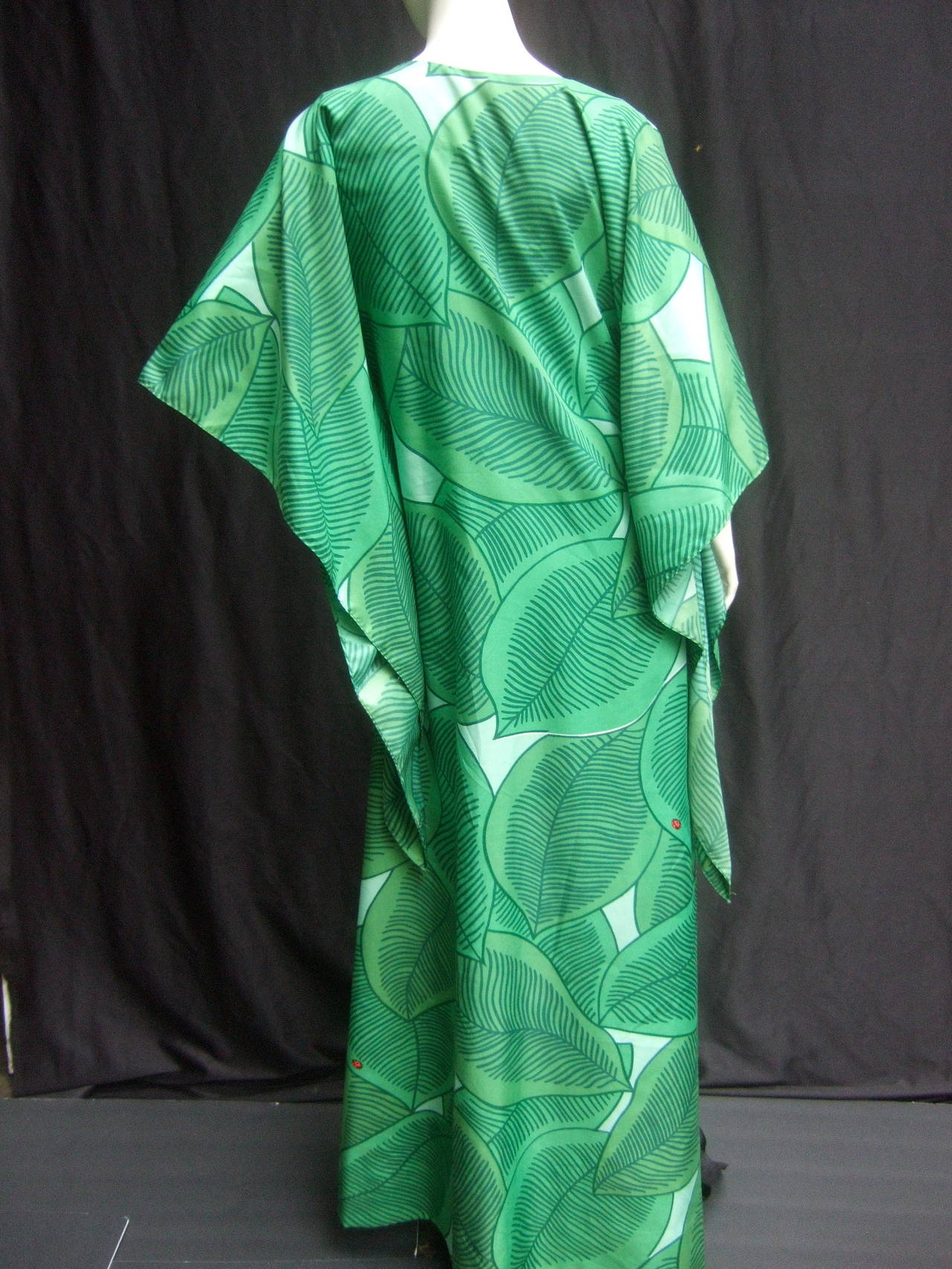 Lush Green Tropical Print Caftan Gown c 1970 2