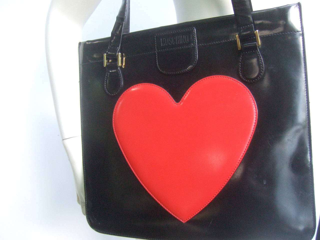 Moschino Italy Mod Heart Black Waxed Leather Handbag 1