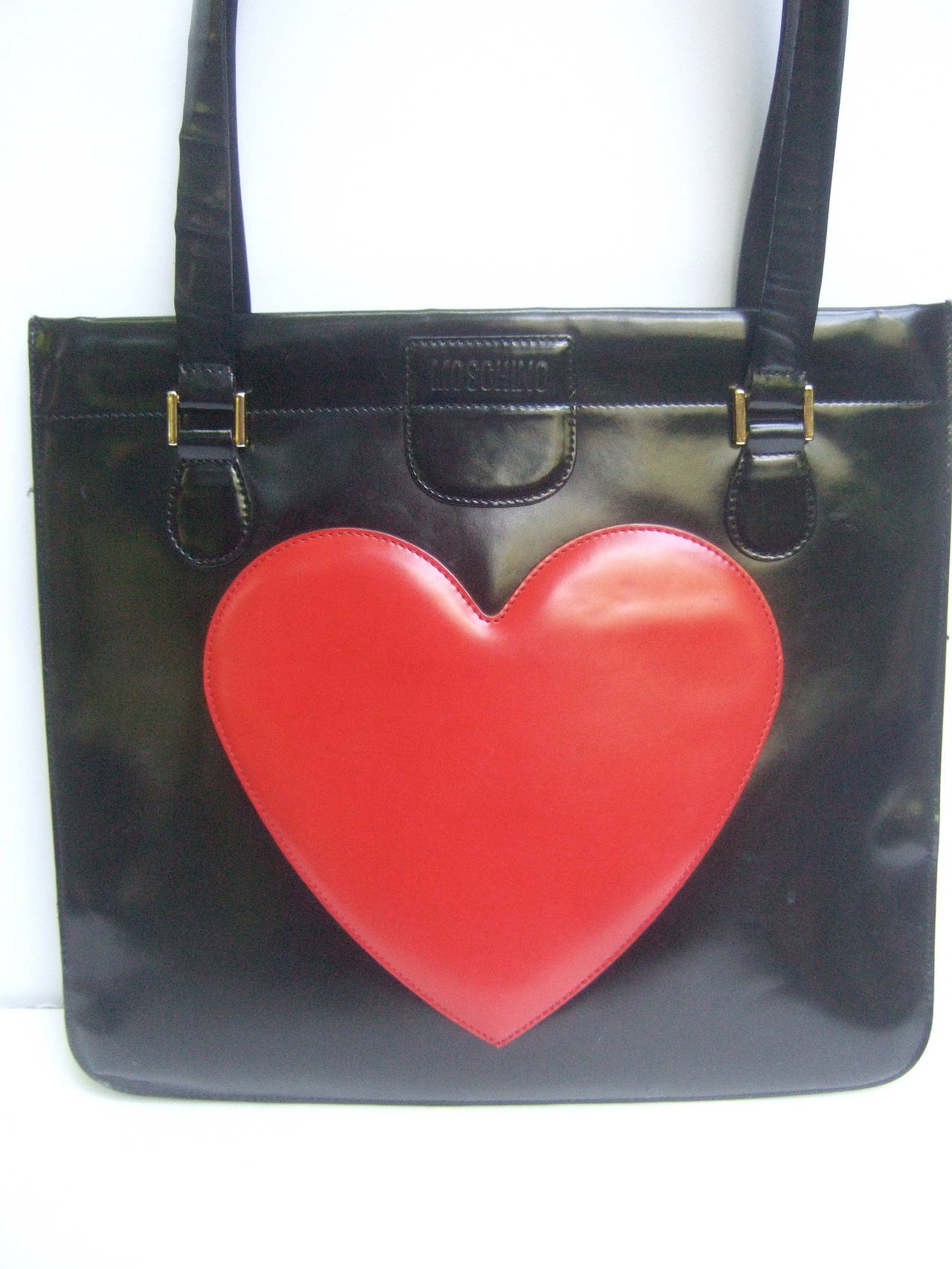 Women's Moschino Italy Mod Heart Black Waxed Leather Handbag