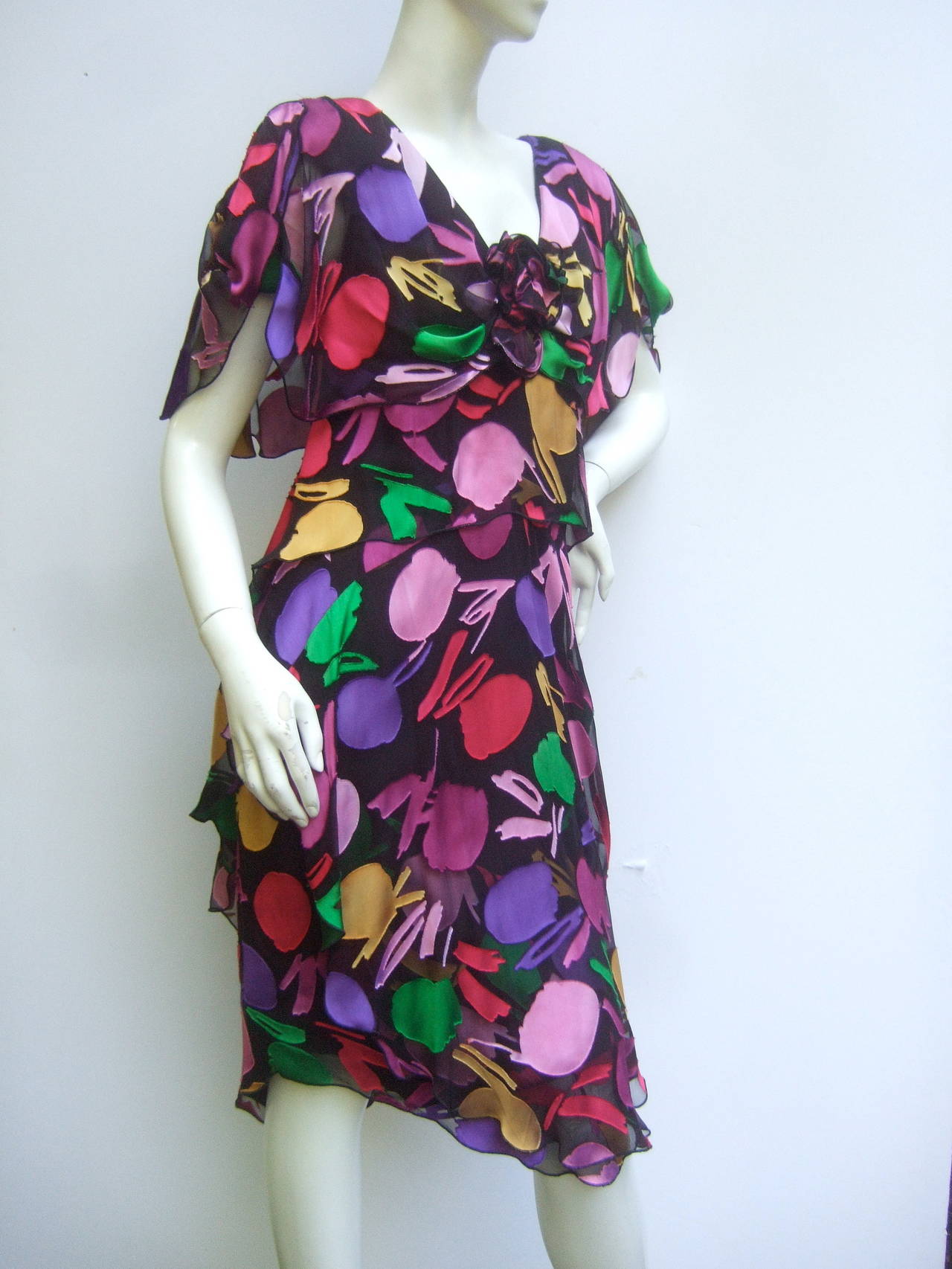 Holly Harp Chiffon Floral Print Tiered Dress c 1980s 4