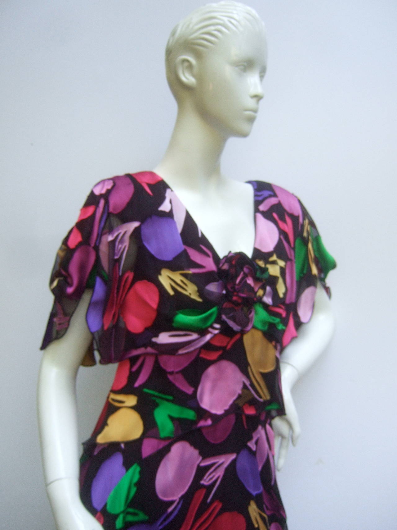 Black Holly Harp Chiffon Floral Print Tiered Dress c 1980s