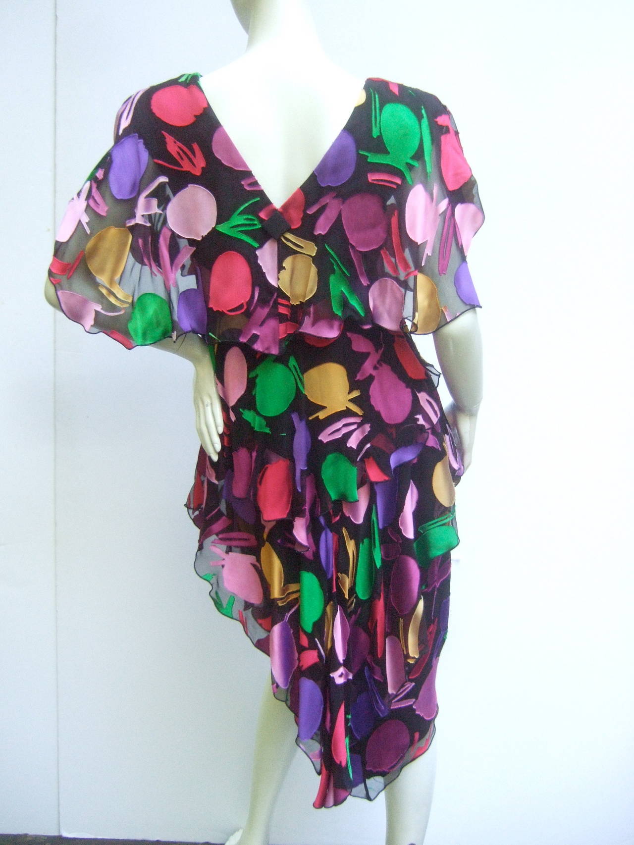 Holly Harp Chiffon Floral Print Tiered Dress c 1980s 2