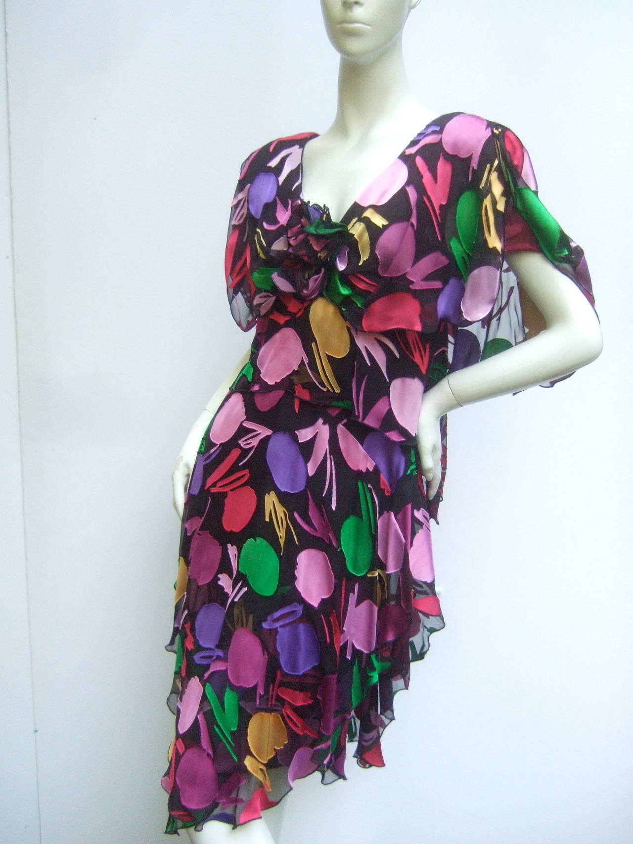 Holly Harp Chiffon Floral Print Tiered Dress c 1980s 3