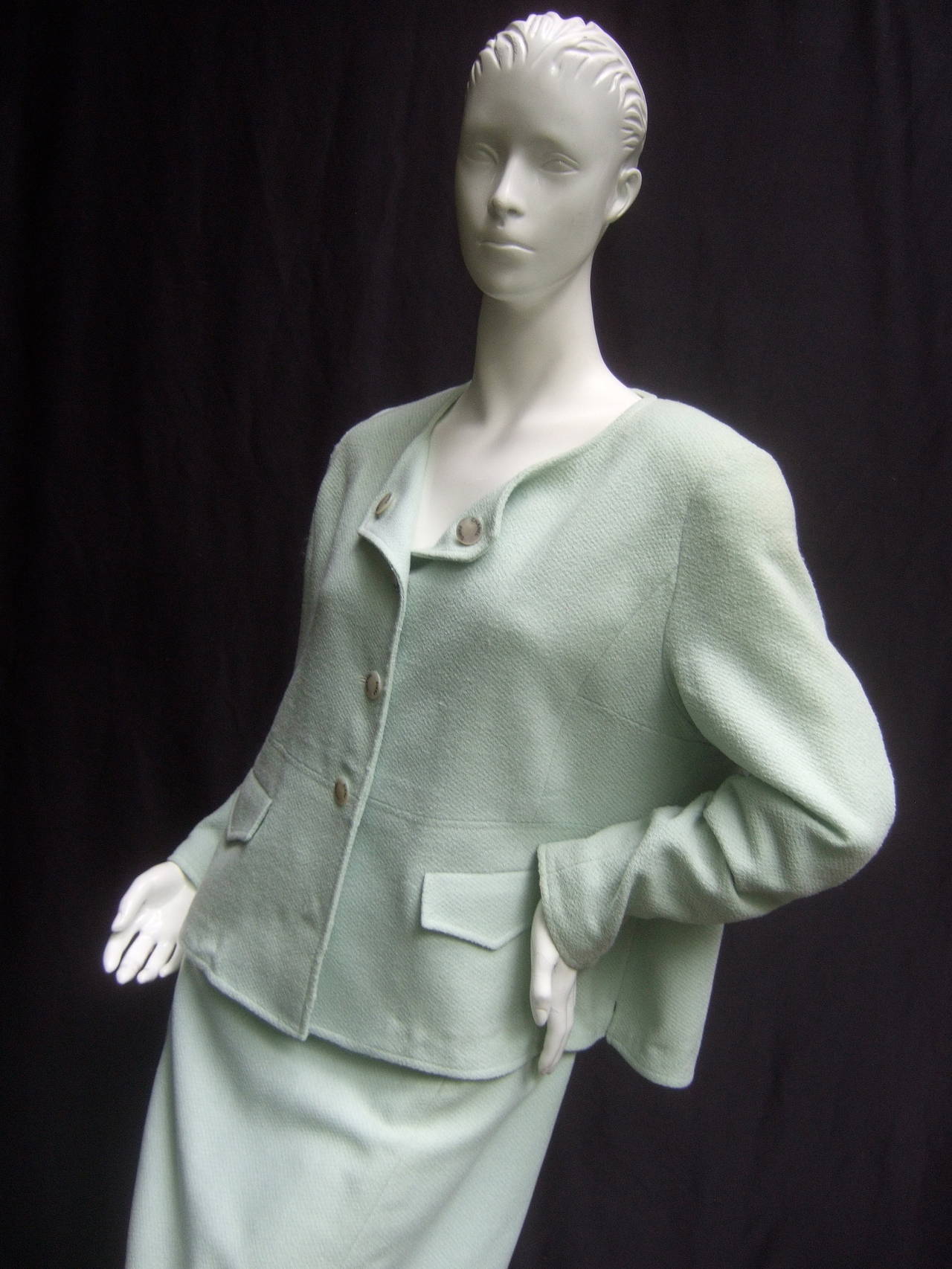 Gray Chanel Boutique Chic Mint Green Wool Skirt Suit  c 1990